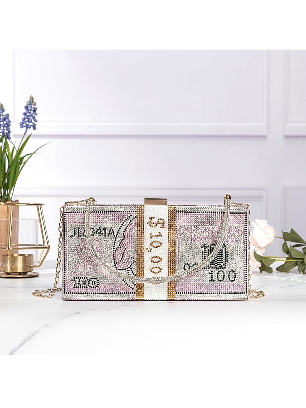 Crystal Money-Print Convertible Clutch